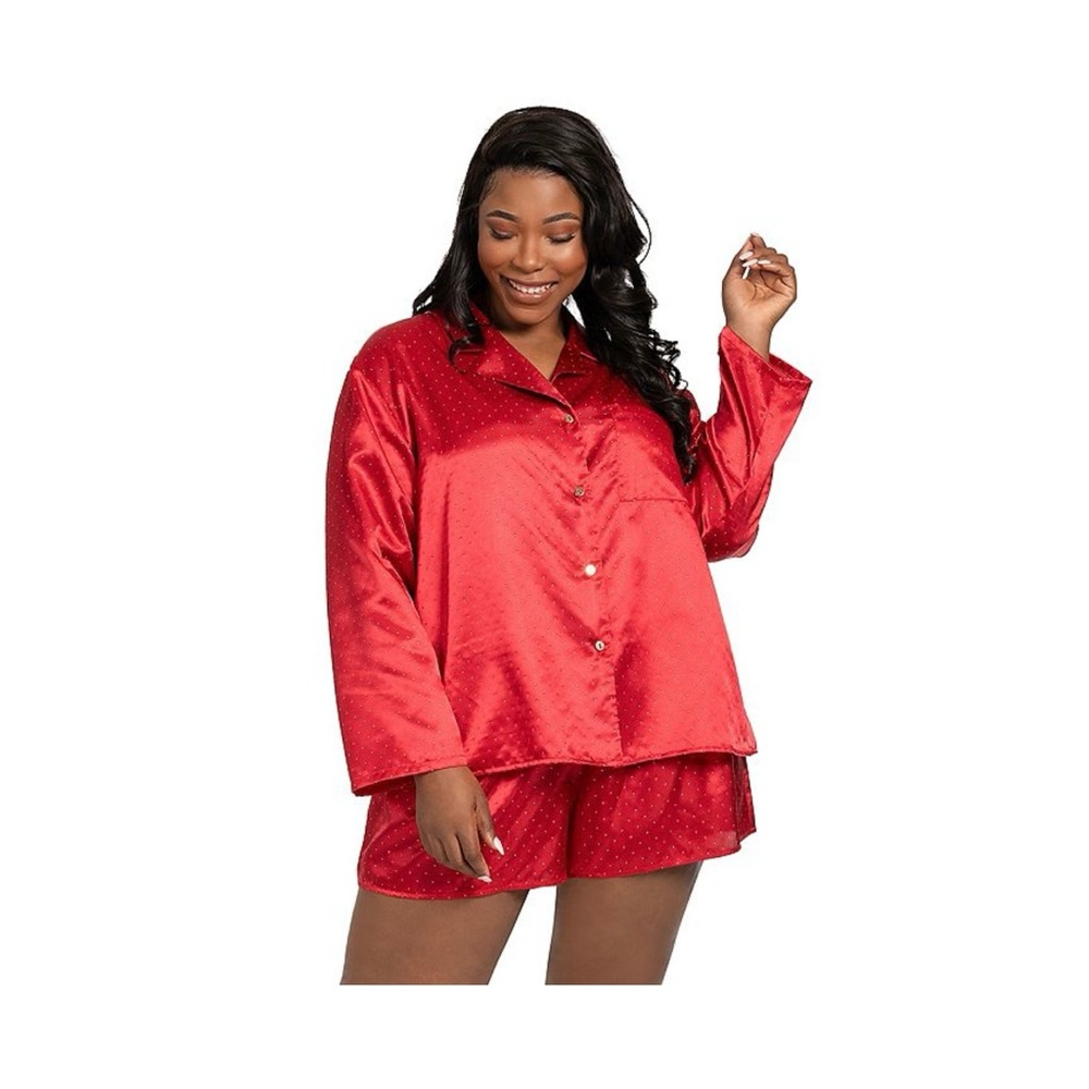 Plus Size Lilac + London Satin Button Down Pajama Top And Shorts Set 2X Red